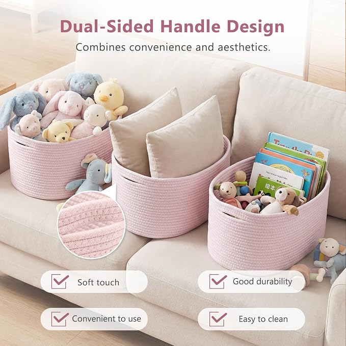 ECDYQXVU 15x10x9 Inch Woven Cotton Rope Storage Basket, 3 Pack | Foldable Design, Built-in Handles, Space-saving Organizer for Living Room, Bedroom, Laundry, Shelves, Clothes, Towels