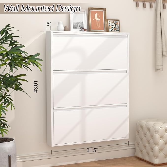 GREATMEET Slim Wall Mounted Metal Storage Cabinet with 3 Flip Drawers