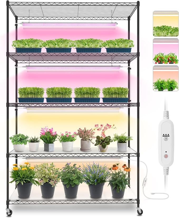 Bstrip Plant Stand with Grow Lights, 5 Tier Large 47.2x17.8x71IN Plant Shelf Indoor with 3FT T5 144w Grow Light, 3 Mode Full Spectrum LED Plant Light with Timer for Indoor Plants, Spring Seed Starting