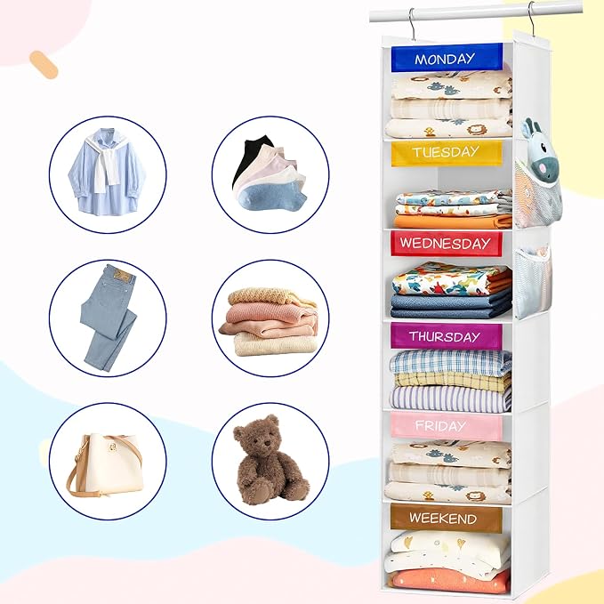 homyfort Weekly Clothes Organizer for Kids, 6-Shelf Hanging Closet Organizer with Colorful Labels, Space Saving Design with 2 Pockets, Daily Hanging Closet Shelves for Kids Room Storage, White