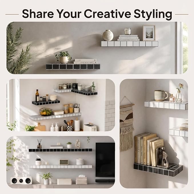 ZttRiee Large Floating Shelves, Set of 2, Modern, Black with White Lines