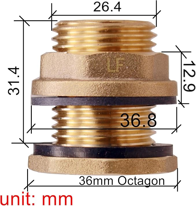 BBF020 LF Compliant Brass Bulkhead Tank Fitting (Double Female 1/2” NPT and Male 3/4" NH Garden Hose Threaded, 4 oz each) (2)