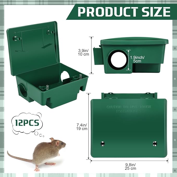 Qualirey 12 Packs Rat Bait Stations Rat Bait Box with Keys Outdoor Mouse Rodent Trap Mice Baits Stations Bulk for Outdoor Indoor Use Keeps Pets and Children Safe (Green)