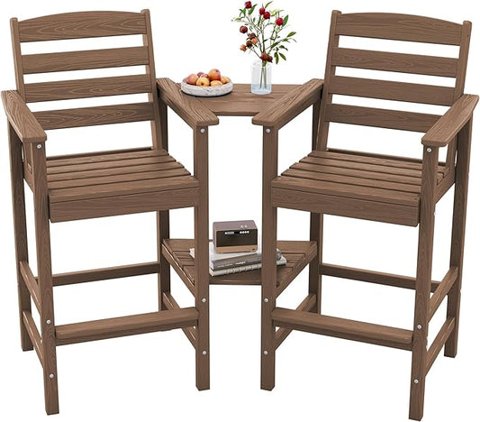 SERWALL Tall Adirondack Chairs Set of 2 with Connecting Table, Balcony Adirondack Chairs Set, Outdoor Bar Height Barstools Chair Set for Bistro, Poolside, Garden, Brown
