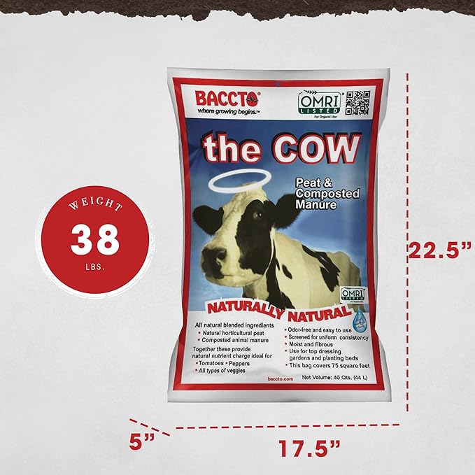 Michigan Peat Baccto 1640 Wholly Cow Horticultural Compost and Manure for Soil Amendment, Lawn Care, & Garden Beds, 40 Quart Bag (2 Pack)