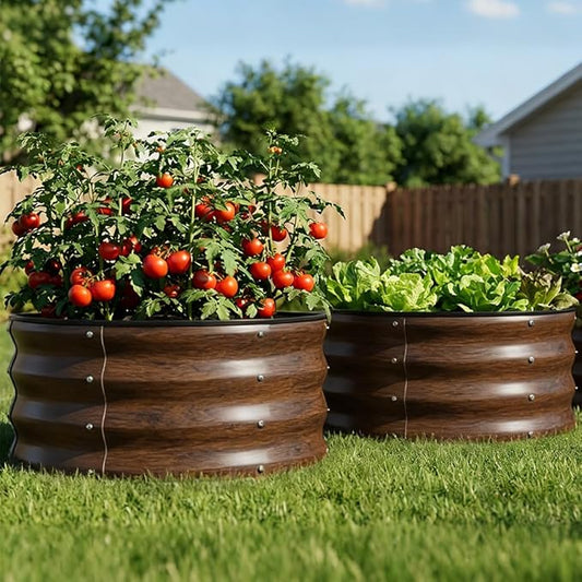 COMHOMA 2 Pack Round Raised Garden Bed 2x2x1ft,Galvanized Metal Planter Box Kit for Outdoor Gardening,Vegetable Flower Herb Growing Beds with Gloves Tools,Brown