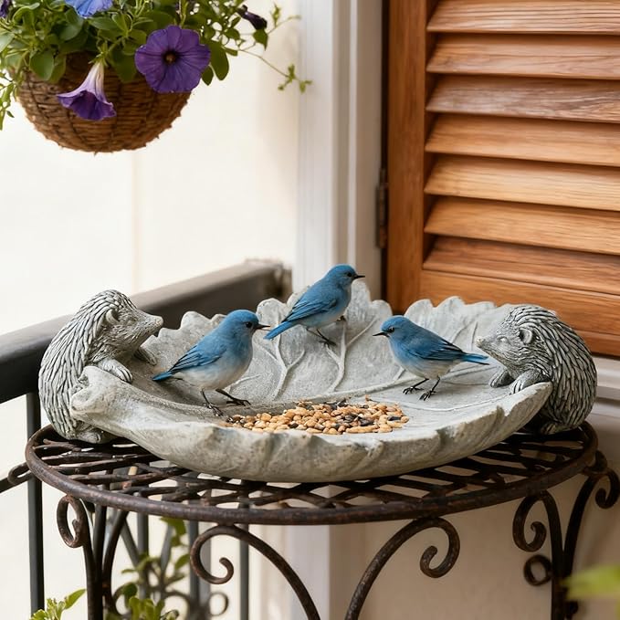 Bird Bath Bowl Hedgehog Statue Decorative Leaf for Gardeners Lovers Cement Small Birdfeeder Outside Concrete Outdoor Water Tray Patio Yard Balcony Deck Garden Decor Gift Women Mom
