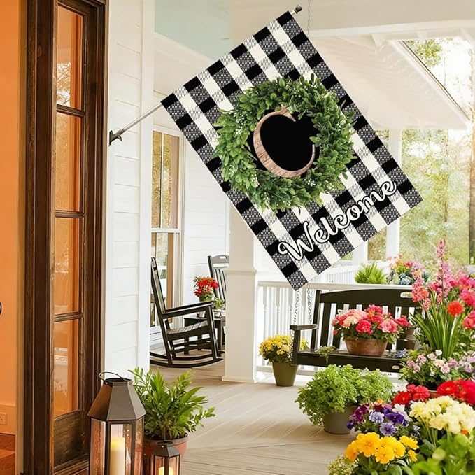 Baccessor Monogram Letter C Garden Flag 28 x 40 Inch, Buffalo Plaid Family Last Name Initial Boxwood Wreath Welcome Vertical Double Sided Large Flags for Outdoor Outside Decoration