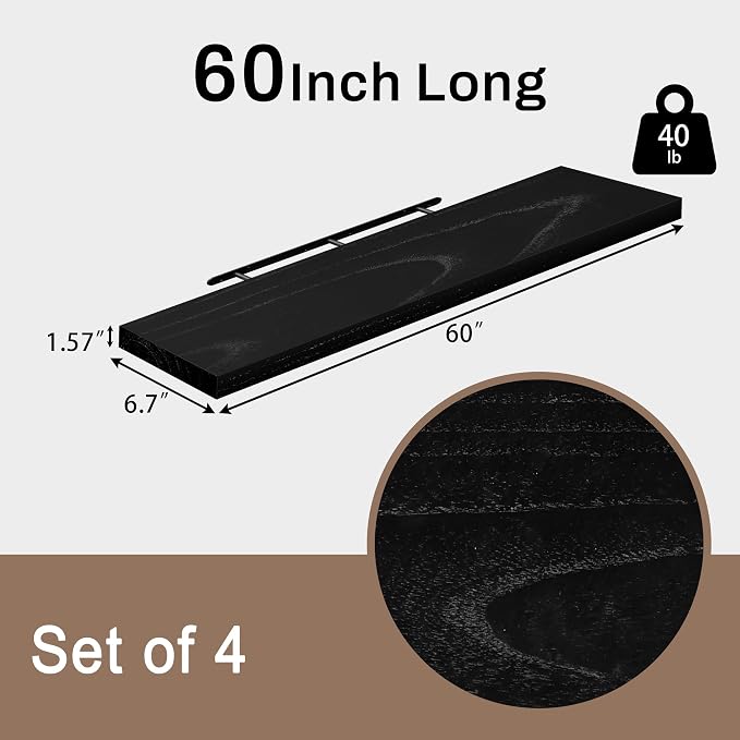 60 Inch Floating Shelves for Wall, Set of 4 | Wood Wall Mounted Shelves with Invisible Brackets, Rustic Farmhouse Long Shelf for Bedroom Living Room Kitchen (Black)