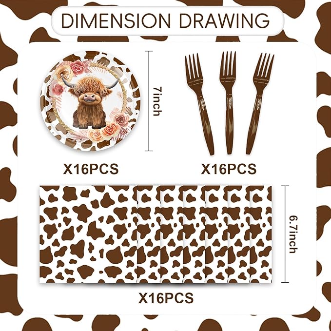 48Pcs Highland Cow Birthday Party Decorations Cute Cartoon Highland Cow Theme Party Plates Napkins and Forks or Baby Shower Supplies Set for 16 Guests
