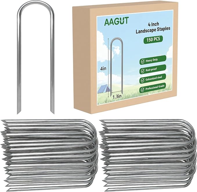 AAGUT 4 Inch Landscape Stakes 150 Pack Garden Drip Irrigation Tubing Stakes Heavy Duty 14 Gauge Galvanized Ground Staples Lawn U Hooks for Soaker Hose, Chicken Wire, Chain Link Fence, Dog Fence