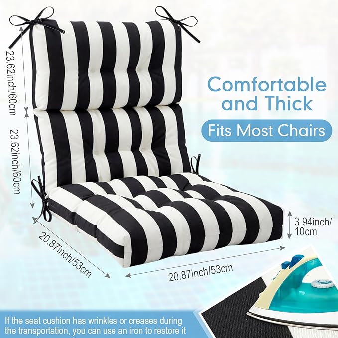 Hoteam 2 Pcs High Back Chair Cushions Set - 44'' x 21'' Indoor Outdoor Waterproof Soft Thicken Stripes Replaceable Cushion for Garden Summer Rocking Chair, Patio Furniture (Black Stripes)