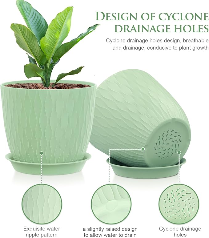 WSMKSZ 7 inch Flower Pots, 5 Pack Plant Pots with Drainage Holes and Saucers for Indoor Plants, Plastic Planters with Water Ripple for Small Garden House Plants, Nursery Pots for Succulent, Green