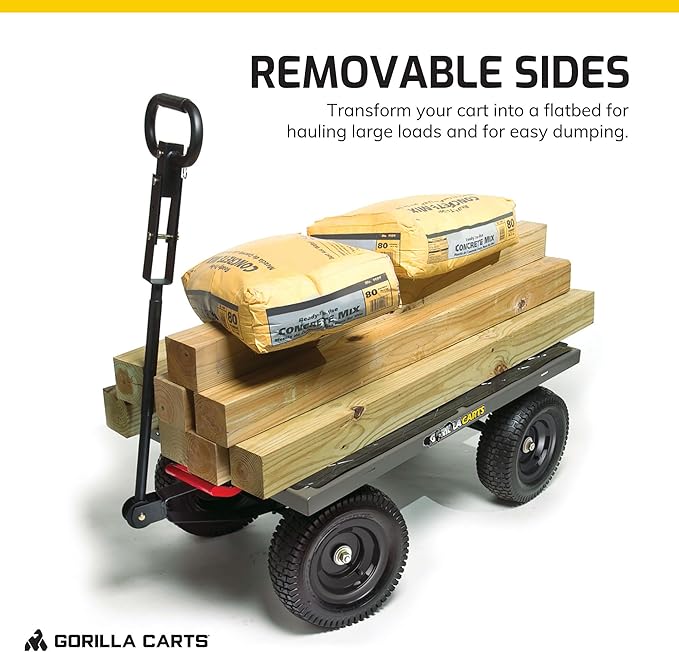 Gorilla Carts Steel Dump Cart, 5 Cu Ft Bed, 1200 lb Load Capacity, Gray – Towable Heavy-Duty Outdoor Utility Wagon with Removable Side Panels for Yard, Lawn, Garden or Landscaping