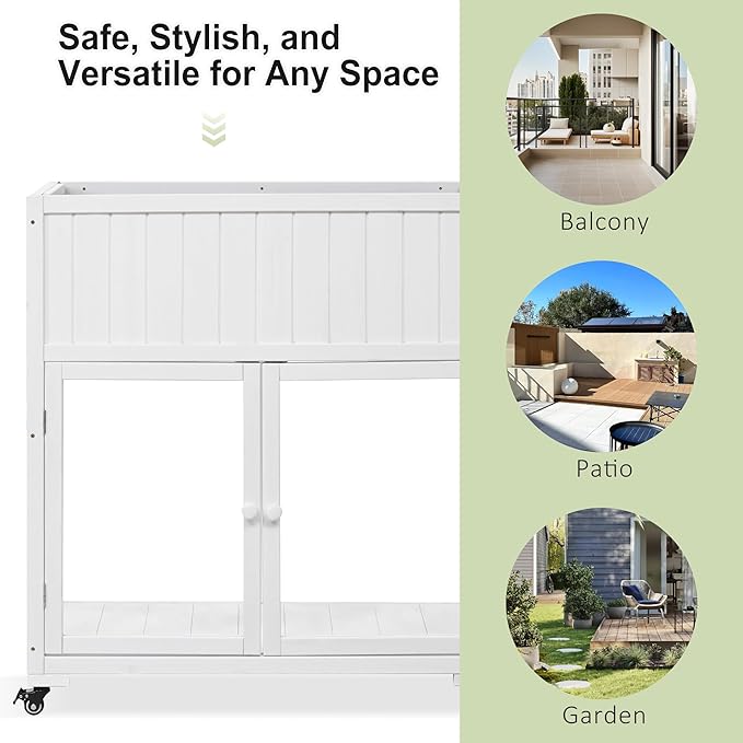 LUMISOL Wood Cold Frame, 2 Doors Garden Greenhouse with Wheels, Raised Bed with Liner for Indoor Outdoor Use, White