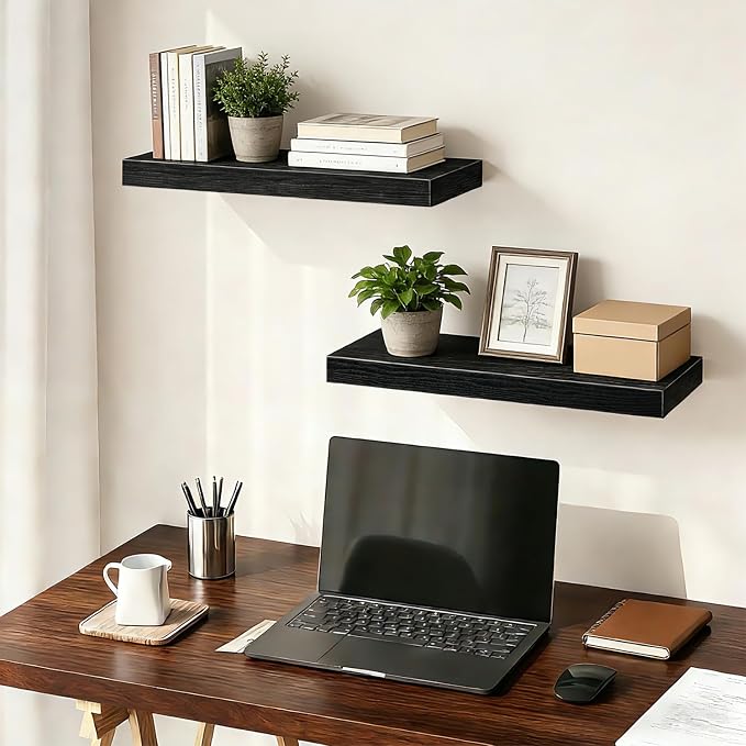 Solid Wood Floating Shelf, Wall Mounted Display Bookshelf for Bedroom, Bathroom, Kitchen, Living Room, Decor Wall,Set of 2 (Black, 15.75'W *9.25" D*1.57" H,Set of 2)