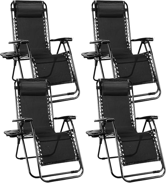 Sweetcrispy Zero Gravity Chairs, Set of 4 Portable Recliner Beach Camping Patio Outdoor Folding Lounge Chair with Cup Holder Trays and Adjustable Pillow for Poolside, Garden, Backyard, Lawn (Black)