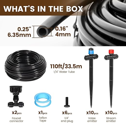 110FT Quick-Connect Drip Irrigation Kit, Garden Watering System DIY Automatic Irrigation Equipment Set for Lawn Raised Bed Greenhouse Plant Watering with 1/4'' Tubing, Drip Emitters, Connectors