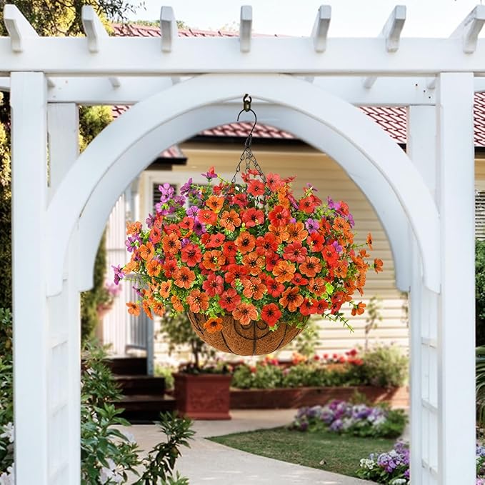 ZFProcess Artificial Faux Hanging Plants Flowers Basket for Spring Outdoor Decoration, Fake Silk Daisy in Planter Realistic UV Resistant Look Real for Porch Home Patio Balcony Yard(Purple Orange red)