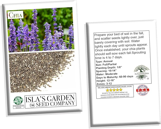 Chia Seeds for Planting, 1000+ Seeds Per Packet,Herb/Flower, (Isla's Garden Seeds), Non GMO & Heirloom Seeds, Scientific Name: Salvia hispanica, Great Gift