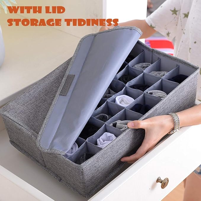 AARAINBOW 2 Packs Underwear Socks Ties Storage Organizer with Lids Foldable Closet Drawer Organizer 60 Cells, Fabric Wardrobe Divider Storage Boxes for Scarves and Lingerie (30 Cell, 2 Coffee)