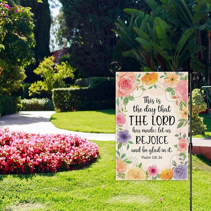 This Is The Day That The Lord Has Made Garden Flag, Funny Spring Christian Garden Flags for Outside, Psalm 118:24 Bible Verse Yard Banner, Religious Catholic Outdoor Lawn Porch Decor for Family
