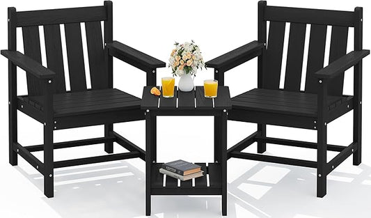 SEWRWALL 3 Pieces Patio Bistro Set, All Weather Adirondack Chair Set with Side Table, HDPE Material Outdoor Patio Furniture Set for Balcony, Porch, Garden, Backyard- Black