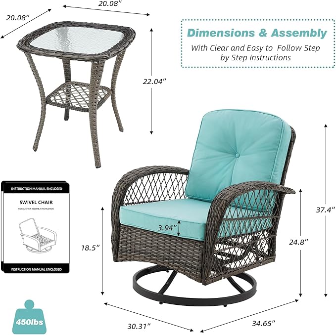 MELLCOM 3 Pieces Patio Furniture Set, Outdoor Swivel Rocker Patio Chairs, Wicker Patio Bistro Set with Rocking Chair, Thickened Cushions and Glass Coffee Table for Backyard, Garden, Blue