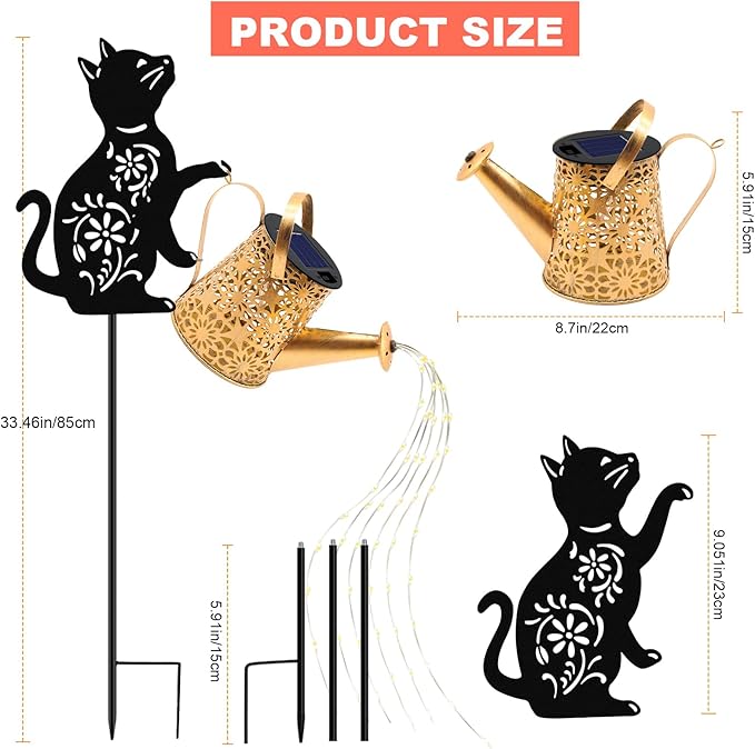 VOOKRY Solar Watering Can Lights Outdoor with Cat Silhouette Stake, Garden Gifts for Mom, Women & Garden Lovers Waterproof Metal Garden Lantern, Decorative Yard Patio Lawn Pathway Decor(2 Pack)