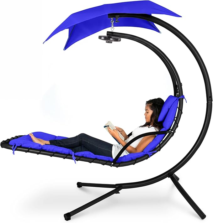 Best Choice Products Hanging LED-Lit Curved Chaise Lounge Chair Swing for Backyard, Patio, Lawn w/ 3 Light Settings, Weather-Resistant Pillow, Removable Canopy Shade, Steel Stand - Resort Blue