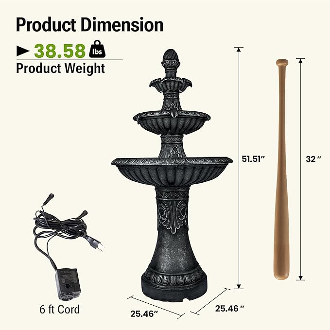 52-Inch Outdoor Water Fountain, 3-Tier Large Italian Faux Stone Resin Waterfall Fountain with 2 LED Lights, Large Bird Bath Basin Water Feature for Garden, Patio, Backyard, Deck, Lawn in Black
