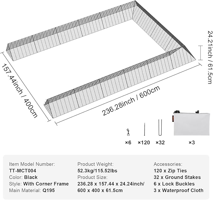 VEVOR Chicken Tunnels for Yard, DIY Metal Poultry Playpen for Outside with Waterproof Cover & Corner Frames, 2 Sets, 236.2 x 157.5 x 24.2 inch(LxWxH), Also Widely Used for Ducks, Rabbits, Geese Coop