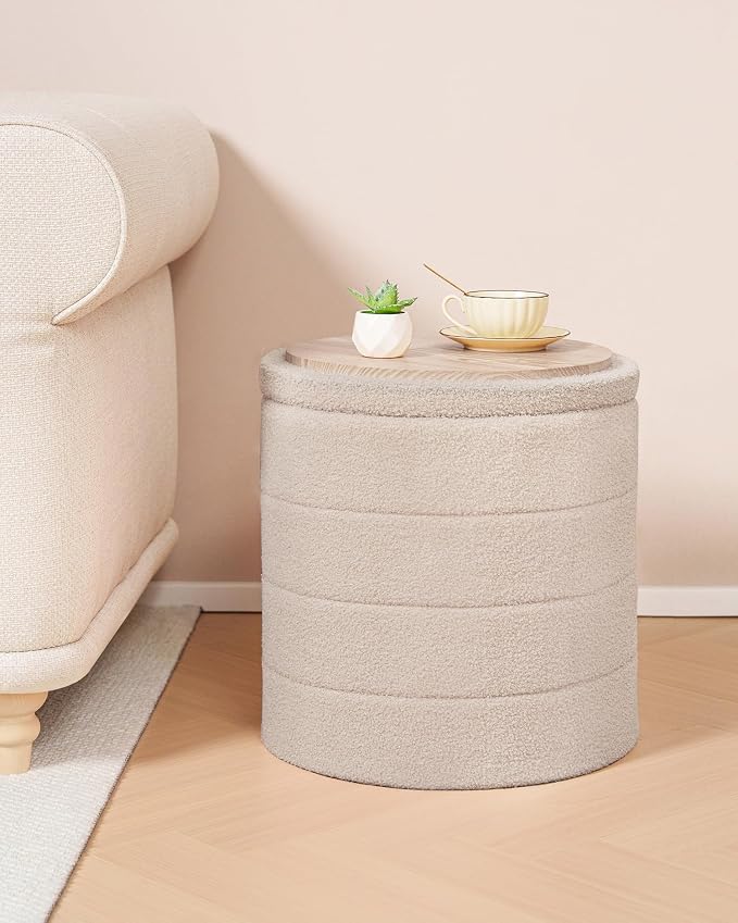 B FSOBEIIALEO Folding Storage Ottoman, Round Sherpa Ottomans, Beige
