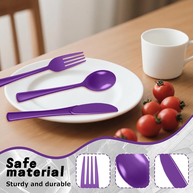 Plastic Silverware 300 PCS Disposable Silverware Heavy Duty Utensil Sets 100 Of Each Forks Knives & Spoons Disposable Cutlery Set For Easter,Birthday,Baby Shower,Garden Party,Wedding(300,Purple)