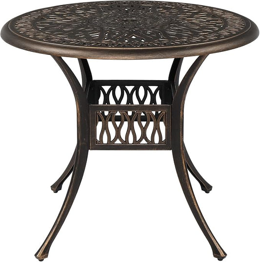 VINGLI 35" Patio Dining Table, Cast Aluminum Round Outdoor Dining Table with Umbrella Hole Outdoor Bar Table, Outdoor Bistro Table Outdoor Furniture Garden Table (35.4”Diax29.5”H)