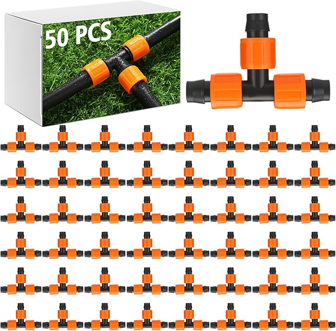 Tujoe 50 Pcs Drip Irrigation Tee Fittings 5/8 Inch Universal Tee Connector Drip Tubing Fittings Barbed Compatible with Most 16-17 mm Garden Hose Tubing Sprinkler Systems