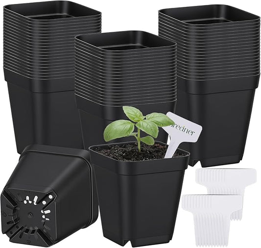 GREANER 2.7 Inch Planter Nursery Pots, 60 Packs Small Plastic Pots for Plants, Black Potting Pots with Drainage Holes for Indoor Outdoor(20 Packs Labels)