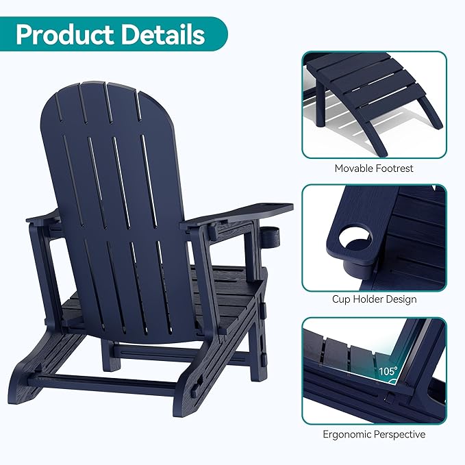 Vongrasig Adirondack Chairs Set of 2 with Removable Tabletop and Footrest, HDPE Plastic Outdoor Chair Set with Wooden Textured, Cup Holder for Patio, Poolside, Garden, Dark Blue, 5 Pieces