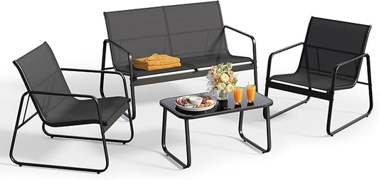 Gizoon 4 Piece Patio Furniture Set, Outdoor Patio Furniture with Loveseat and 2 Single Chairs, Bistro Table and Chairs Set for Backyard, Balcony, Lawn,Black