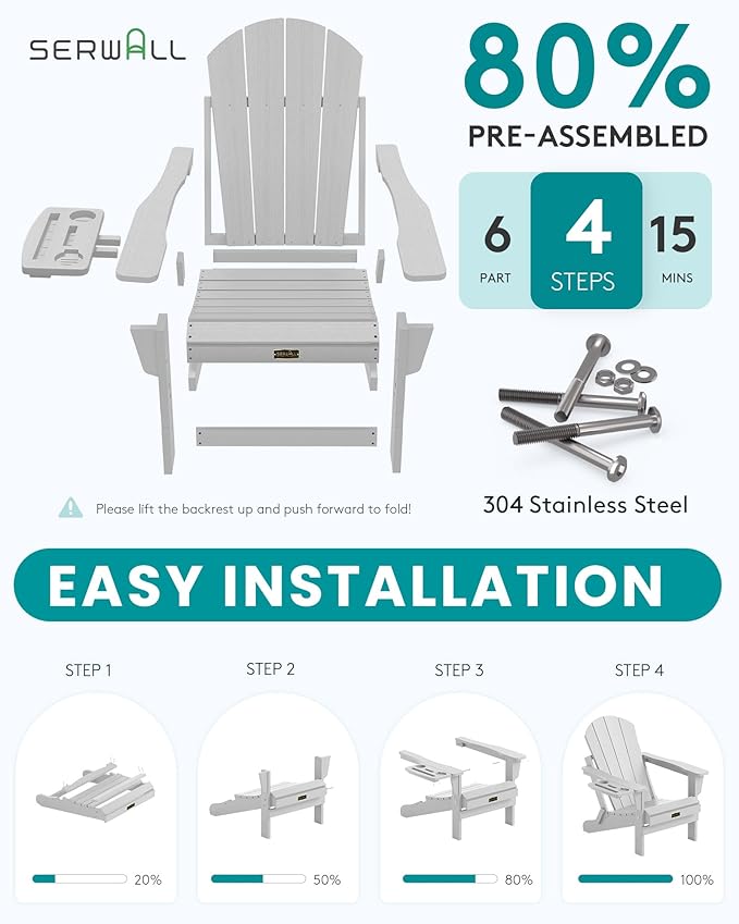 SERWALL Foldable Adirondack Chair Set of 2, HIPS Adirondack Chairs with 4 in 1 Cup Holder, Weather Resistant Fire Pit Chairs for Outdoor, Patio, Garden, Lawn, Backyard - Space Grey