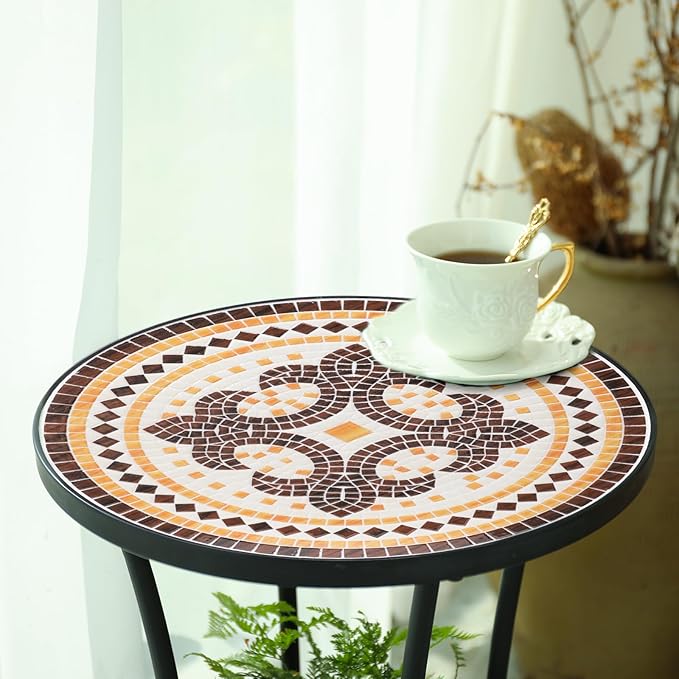 VCUTEKA Outdoor Side Table Mosaic Patio Table Accent Tables Mosaic Tile Top Metal Frame Small End Tables Porch Beach Patio Garden Balcony Tan