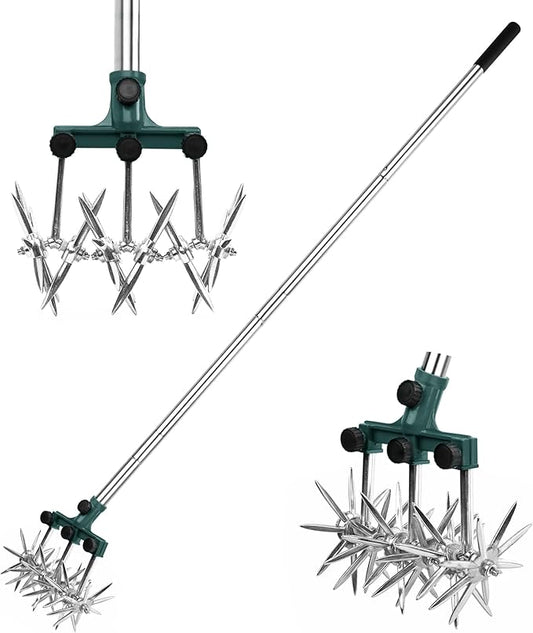 BARAYSTUS Rotary Cultivator Garden Rotary Tiller Adjustable Stainless Steel Poles Hand Tiller for Soil Mixing or Reseeding Grass Lawn Tiller Total Length 57 Inch