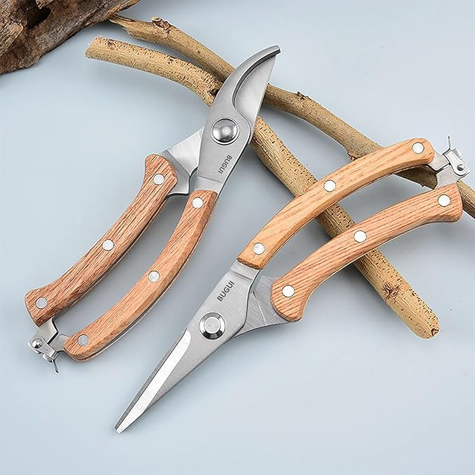 BUGUI 8” Wood Handle Garden Scissors, Set of 2, Includes Bypass Pruning Shears and Long Straight Tip Clippers, Premium Gardening Tools with Precision-Ground SK-5 Steel Blade