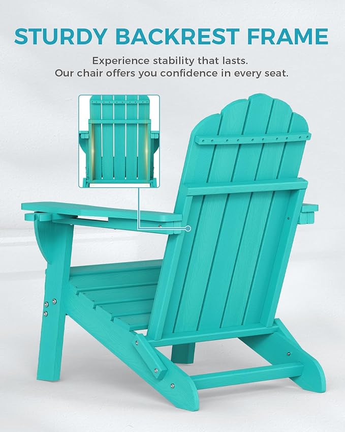 Adirondack Chairs Set of 4, Foldable Adirondack Chairs with 2 Cup Holder, Wood Texture HDPE Fire Pit Chairs, Outdoor Lawn Chair for Patio Garden, Lake Blue