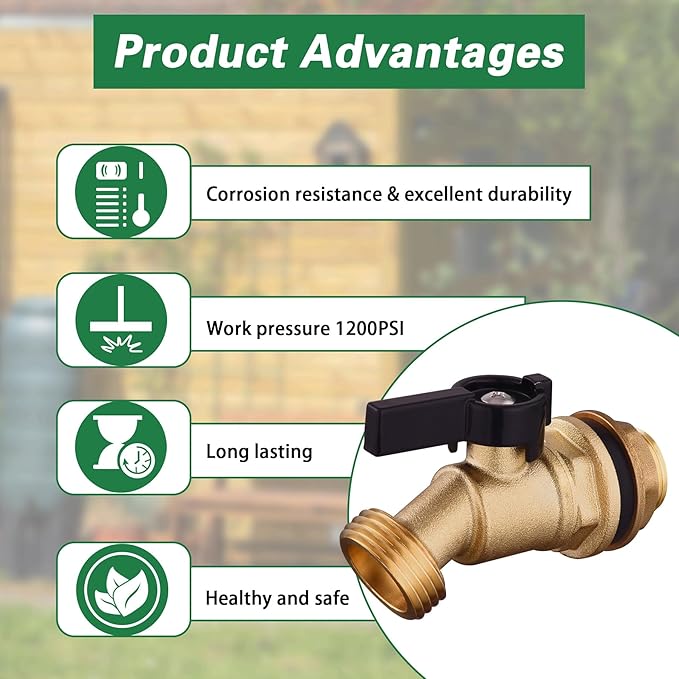 Brass Water Container Rain Barrel Spigot Kit, 1/2" Inlet to 3/4"GHT Male Thread Outlet with Quarter Turn Ball Valve Include Bulkhead Fitting and Washers