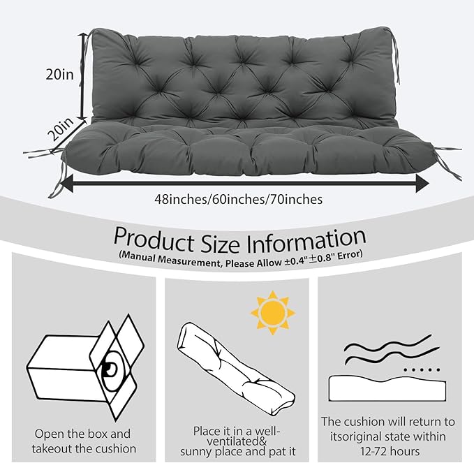 Premium 5" Thicken Porch Swing Cushions Waterproof 3 Seater Replacement Cushions with Backrest and Adjustable Straps, Outdoor Furniture Cushions for Patio, Garden(70×40×5inch)