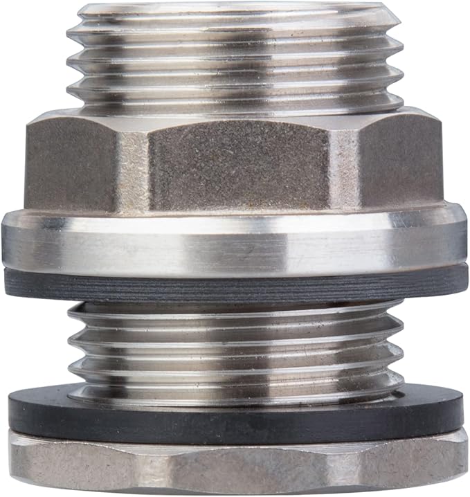 SSBF020 Stainless Steel 304 Bulkhead Tank Fitting (Double Female 1/2” NPT/FIP and Male 3/4" MHT Garden Hose Threaded, w/Step Gasket) (1)