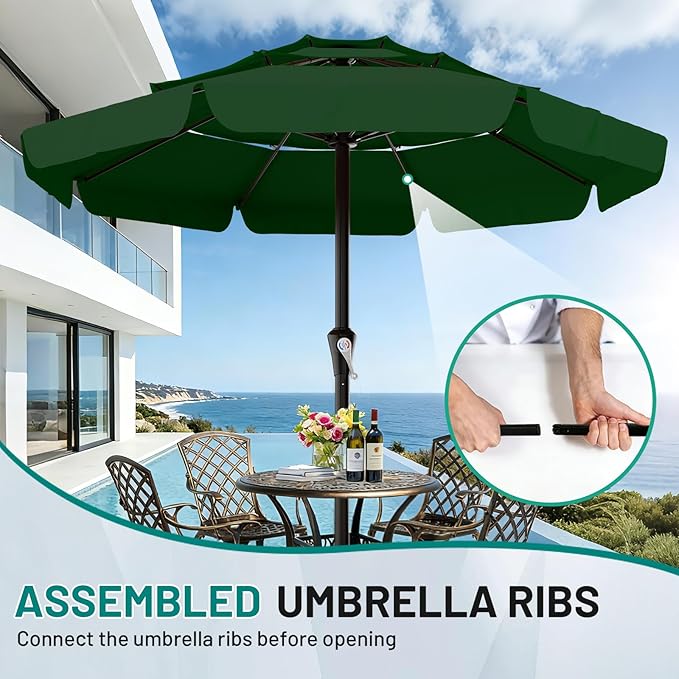 AreShark 11FT 3-Tiers Patio Umbrella with Valance, Outdoor with Crank, Large Outdoor Market Umbrellas Vented with 8 Sturdy Ribs, Patio Table Umbrellas for Garden, Deck, Backyard, Pool, Dark Green