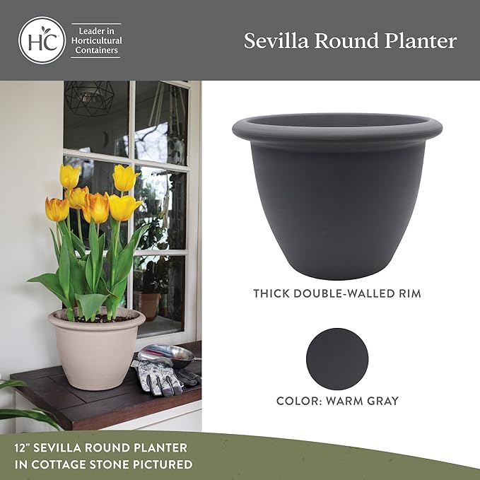 The HC Companies Sevilla Flower Planters - Outdoor & Indoor Planter - Round Self Watering Plant Pots for Herbs & More (14”, Warm Gray, Pack of 2)