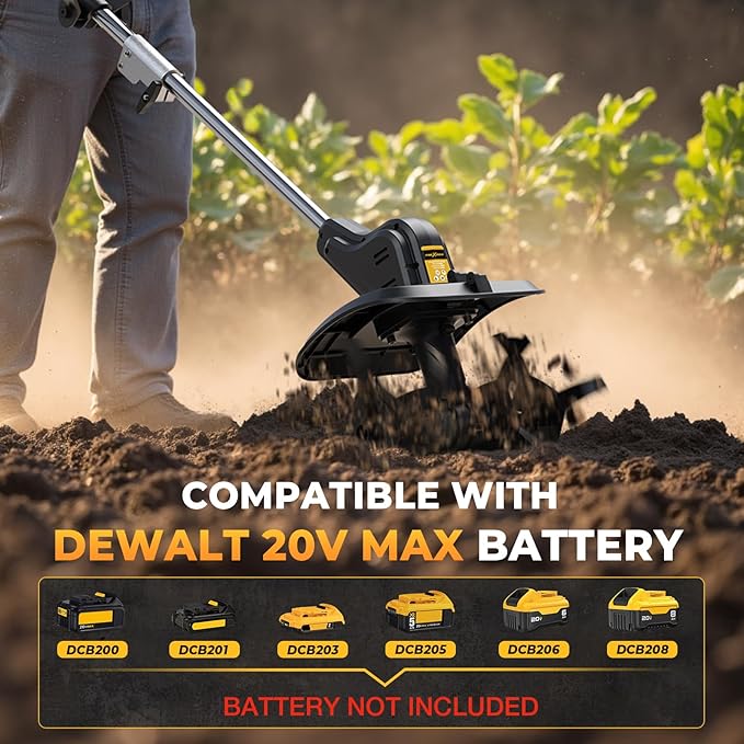 Cordless Tiller Cultivator for Dewalt 20v Max Battery, 360RPM Electric Tiller for Gardening, 11.8in Tilling Width ＆ 8.6in Depth, Battery Powered Tiller for Lawn/Soil Cultivation (Battery Not Included)